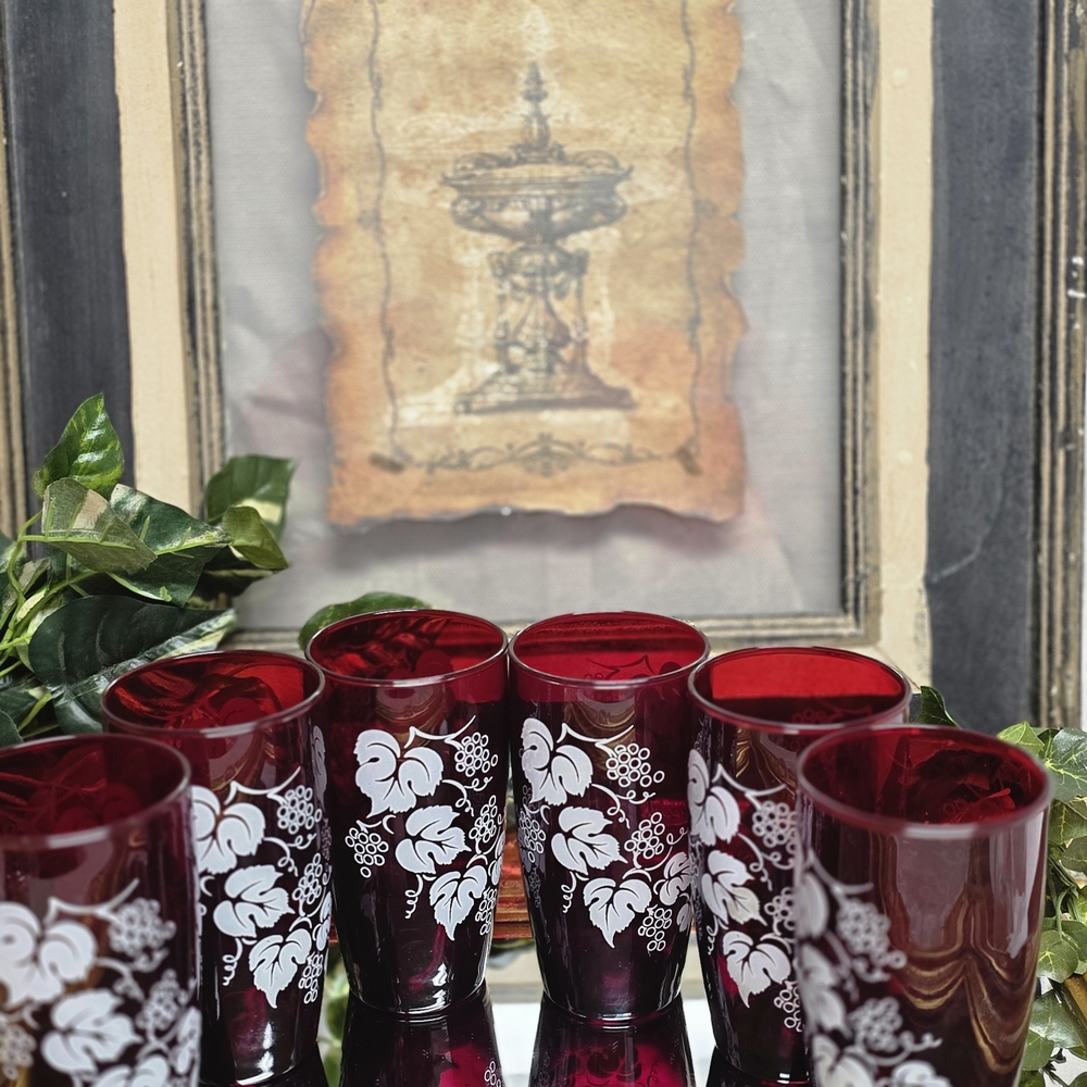 Set of Red Glasses with White Floral Design